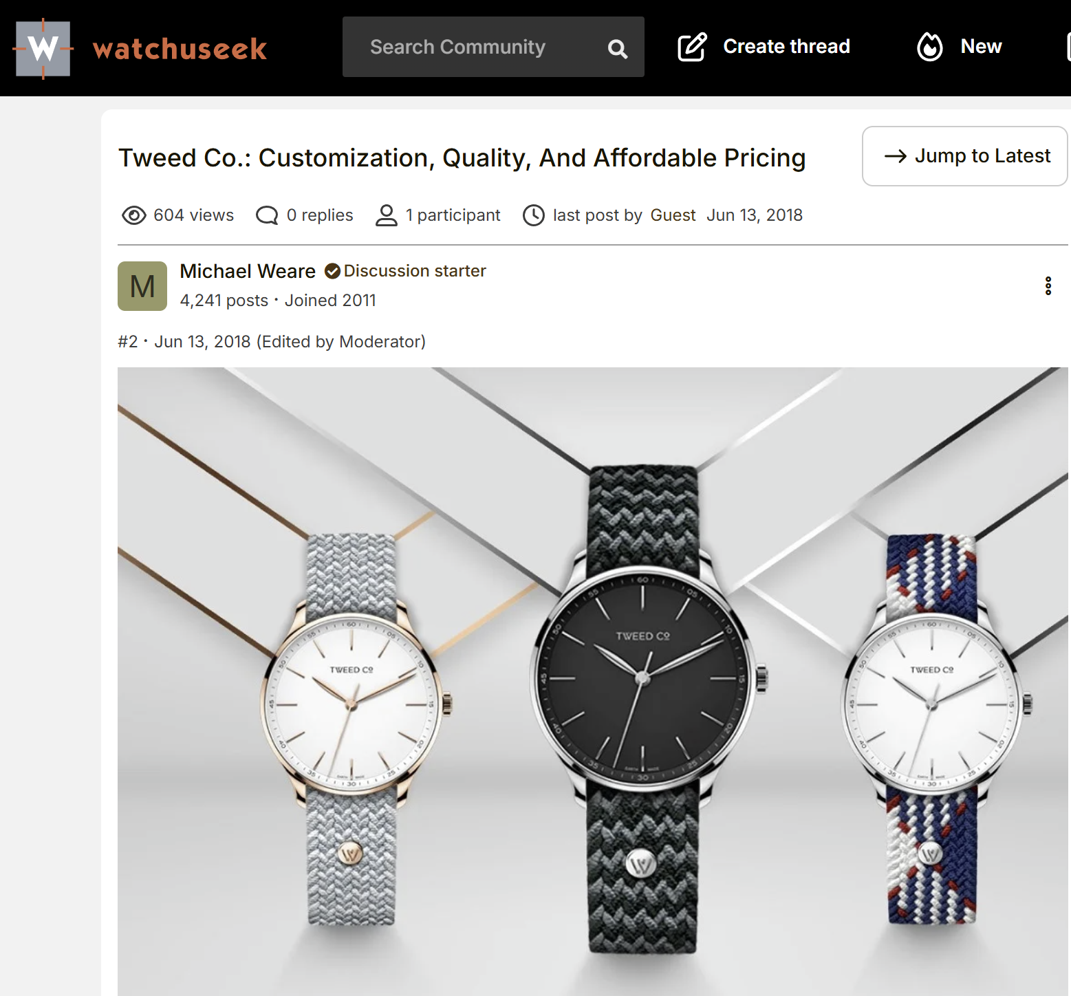 Capture d’écran de l’article Watchuseek sur Tweed Co. en 2018 présentant les montres personnalisables et leurs bracelets interchangeables