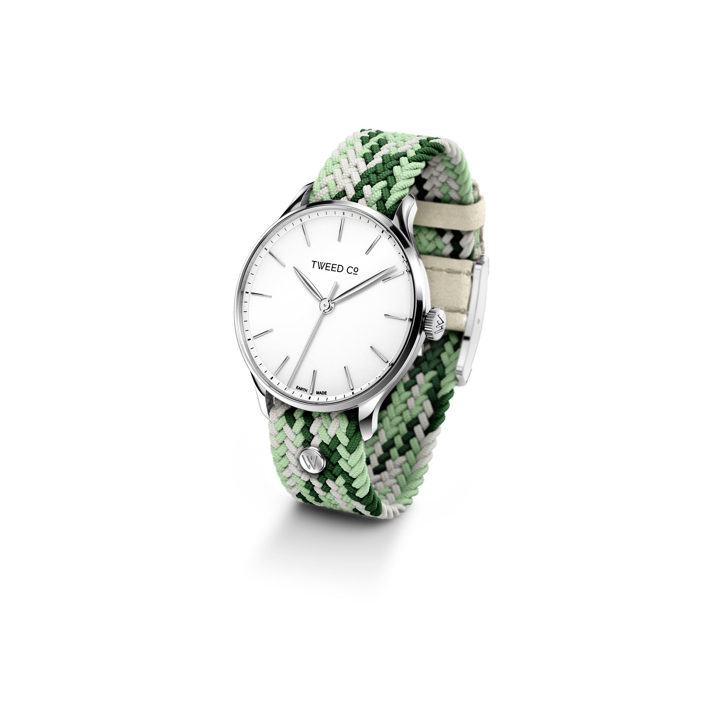 Montre Tweed Co. avec bracelet tressé vert, blanc et vert foncé
