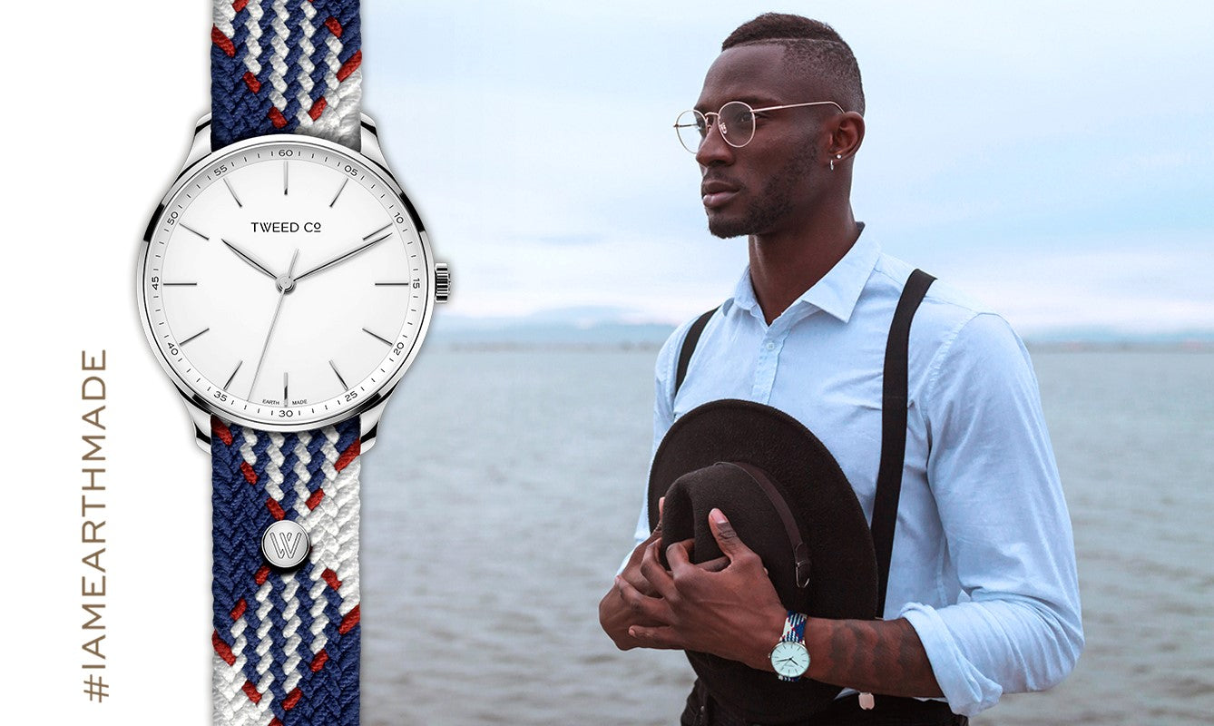 Montre homme Tweed Co. Louis acier 40 mm avec bracelet tressé bleu blanc rouge, élégante et personnalisable
