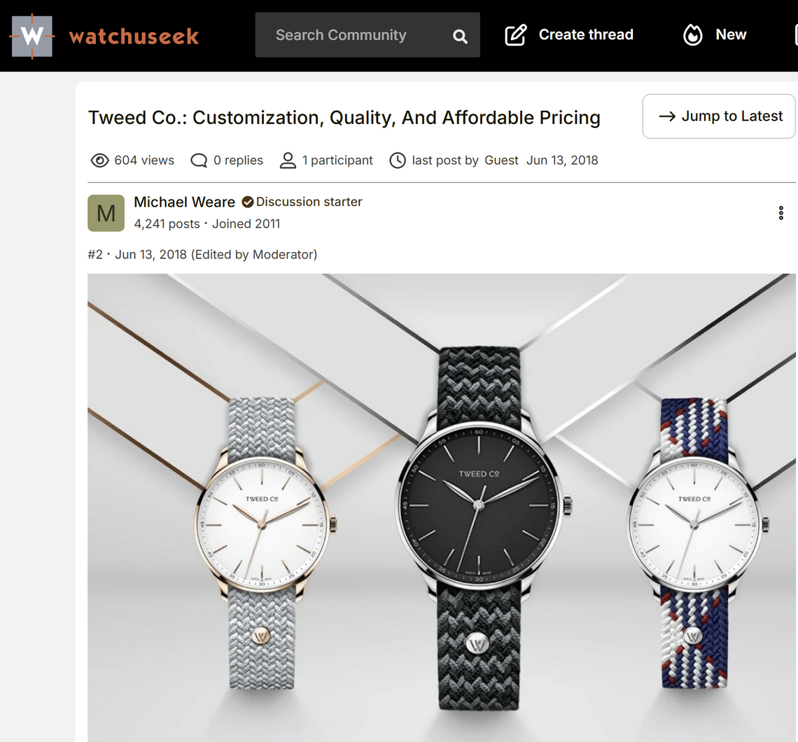 Screenshot of Watchuseek article on Tweed Co. in 2018 featuring customizable watches and their interchangeable straps .