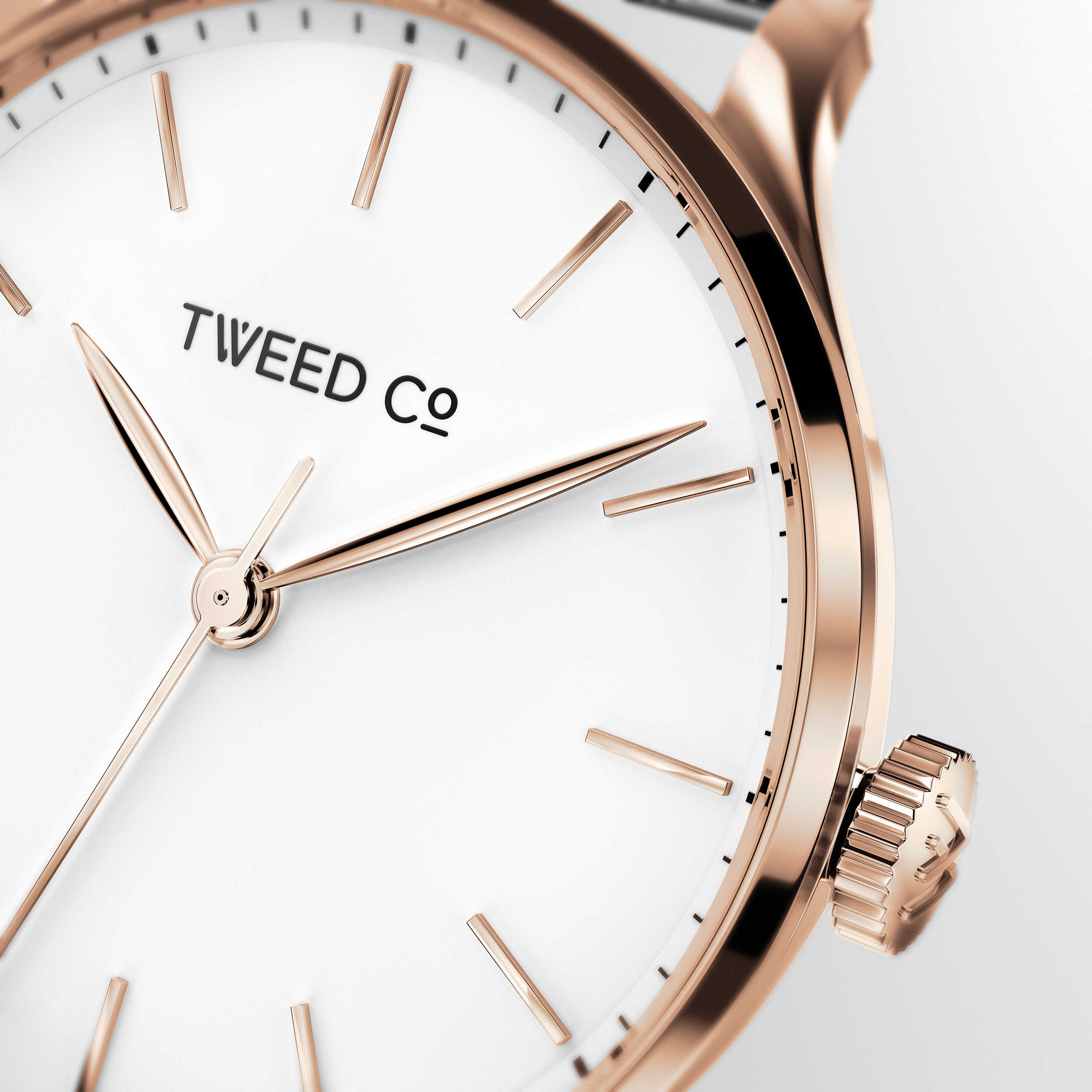 Cadran blanc de la montre Neil 40 mm, détails or rose et logo Tweed Co.