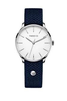 Montre Dylan 40 mm acier avec bracelet tressé bleu pétrole et cadran blanc élégant