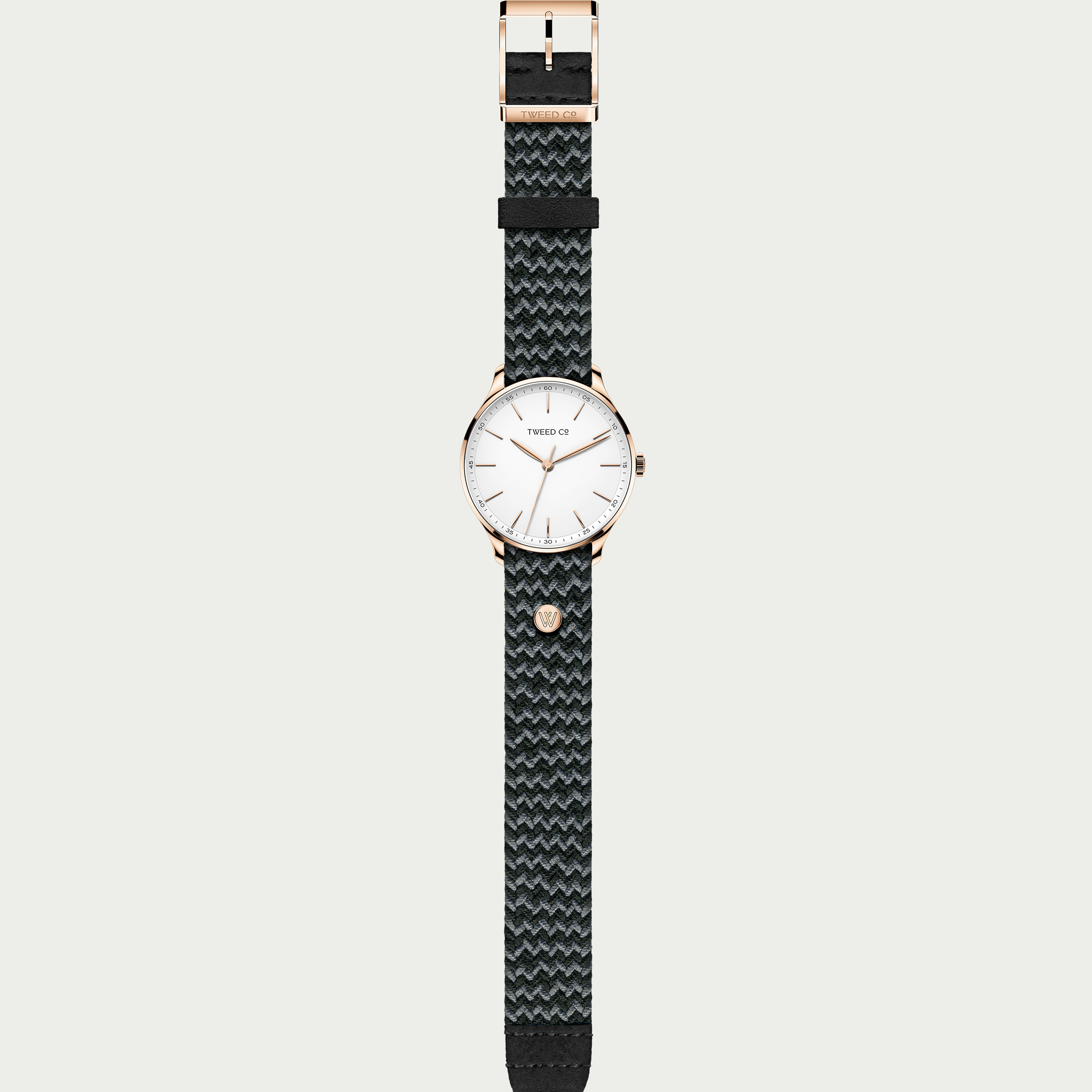 Montre Marty 40mm or rose à bracelet tressé gris-noir, vue verticale du boîtier à la boucle